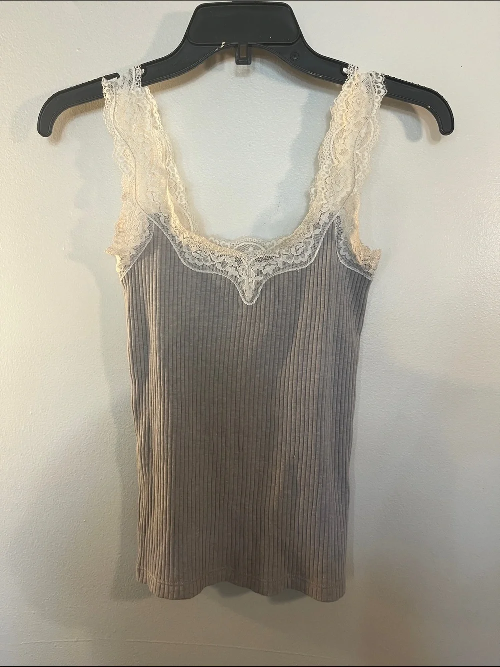 J. Crew Gray Ribbed Lace-Trim Camisole with Cream Lace